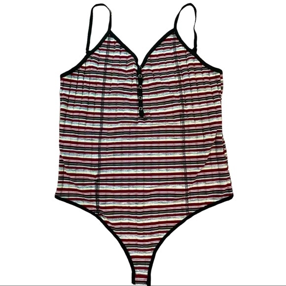 POL size large black, grey, red, cream, & white striped bodysuit, snap bottom - Picture 2 of 16